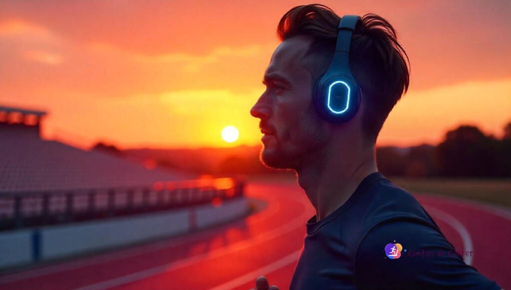 Hombre con auriculares deportivos al atardecer 