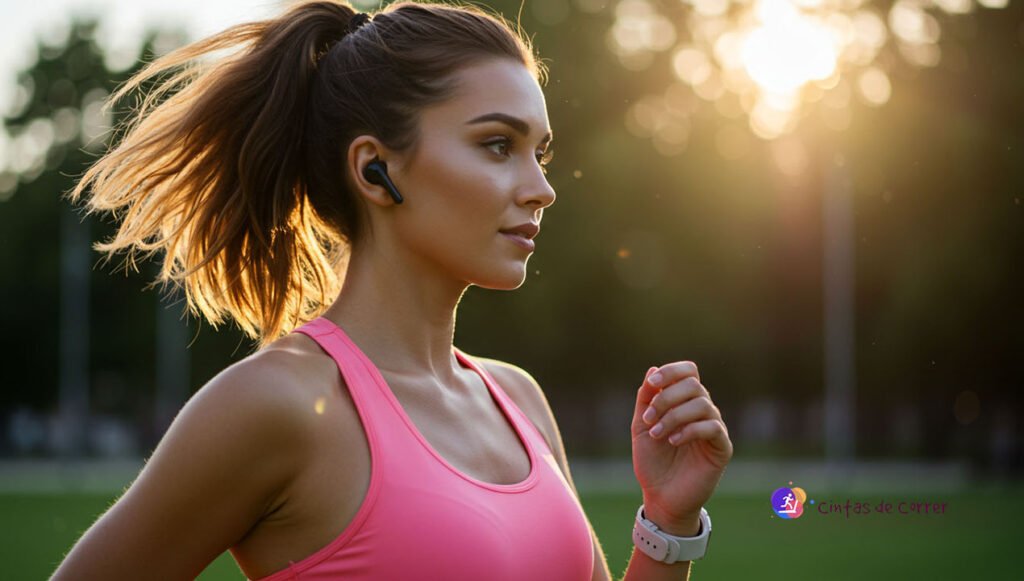 Mujer con auriculares deportivos al atardecer