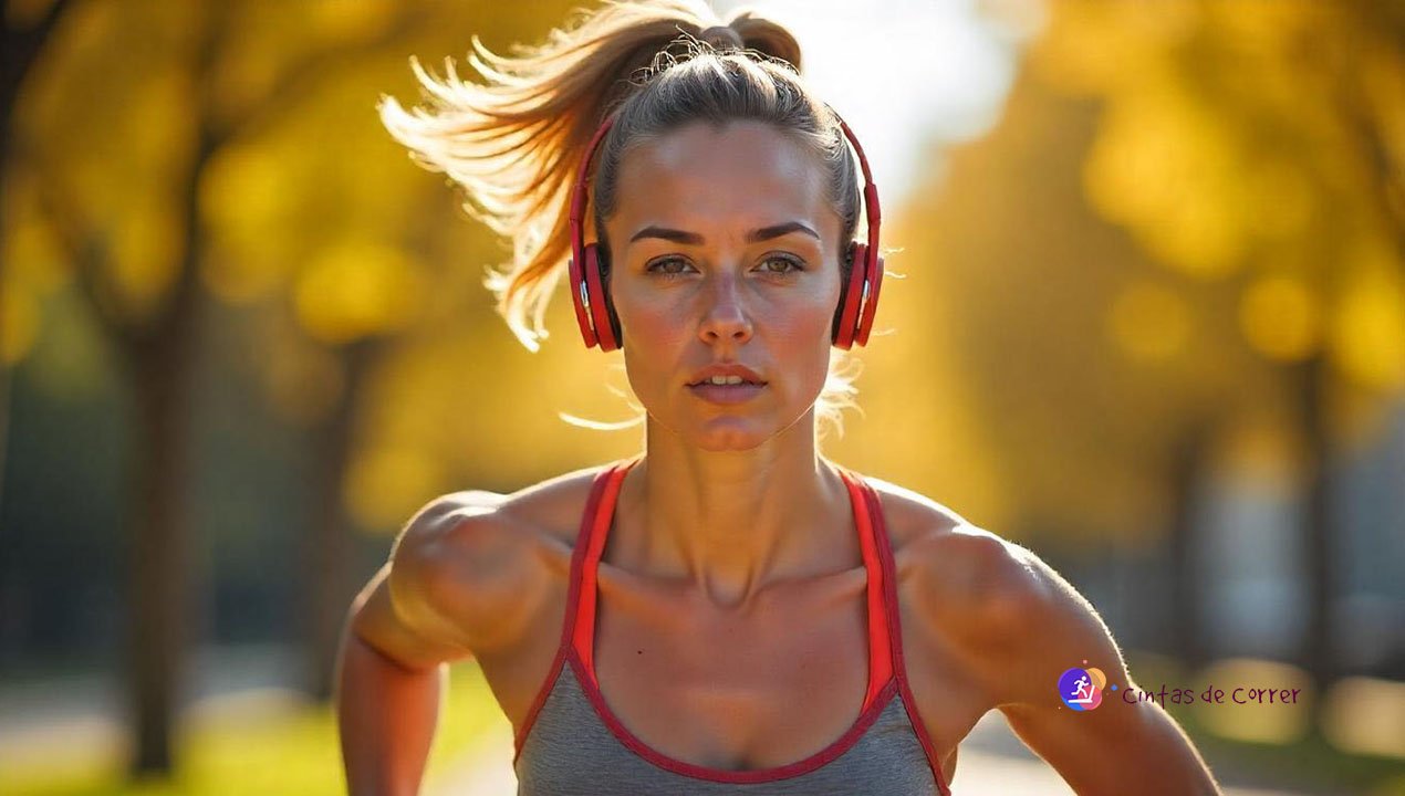 Mujer con auriculares deportivos en un parque