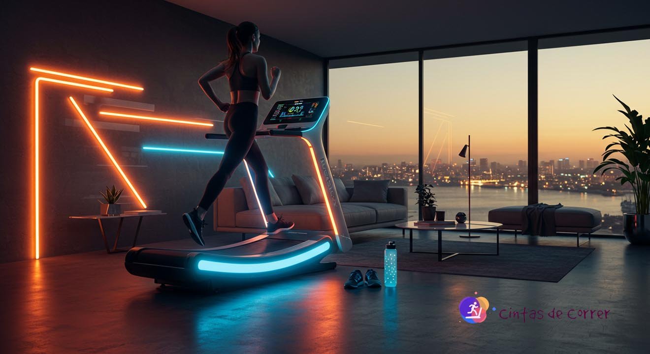 Cintas de Correr Curvas -Mujer sobre una cinta de correr en su casa moderna con grandes vistas