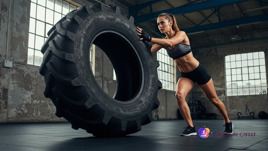 Mujer con guates en el gimanasio practicando CrossFit levantado una rueda