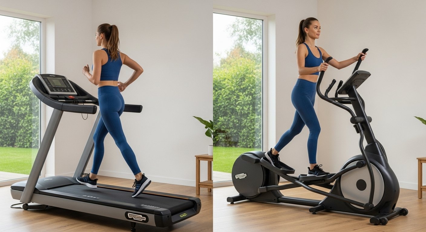 Comparativa visual entre una cinta de correr y una elíptica, con una mujer entrenando en cada máquina para decidir cuál es mejor.
