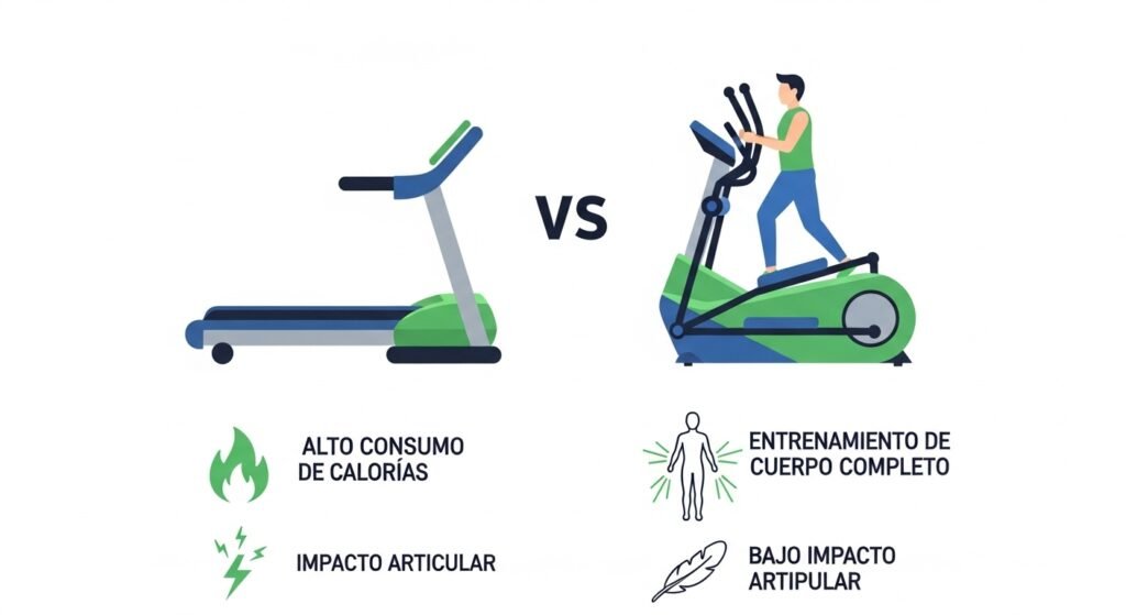 Infografía comparativa entre cinta de correr y elíptica, mostrando sus diferencias en quema de calorías, impacto articular y músculos trabajados.