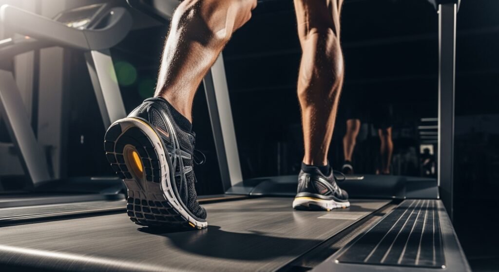 Primer plano de las piernas de un corredor en movimiento sobre una cinta, mostrando el esfuerzo y la velocidad del entrenamiento.