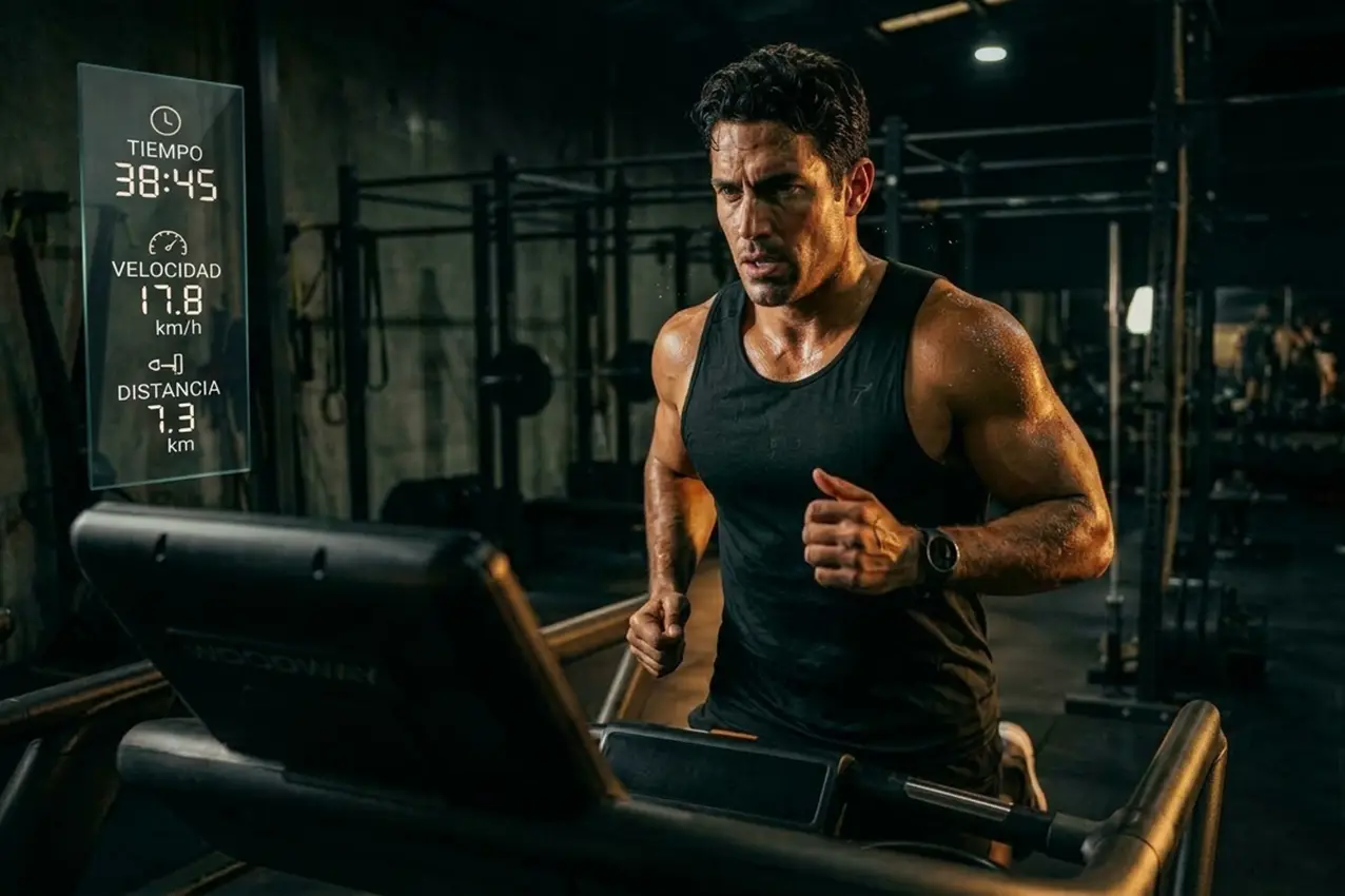 Hombre de complexión fuerte entrenando en cinta de correr robusta con motor de alta potencia continua CHP.