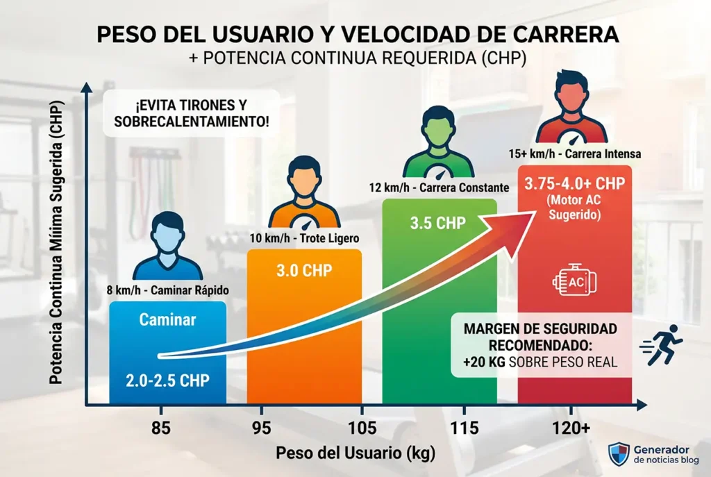 Gráfico comparativo de potencia continua CHP requerida en cintas de correr según el peso del usuario y velocidad.